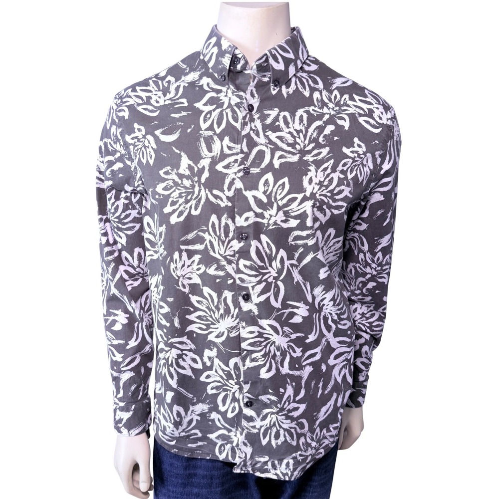 Express Button Down Shirt Mens Medium Green Floral Slim Fit Long Sleeve